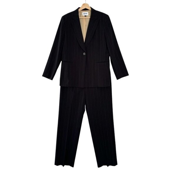 90s Kasper Black w/ Tan Wide Stripe Straight Leg Pants Suit Size 14 - Picture 1 of 14